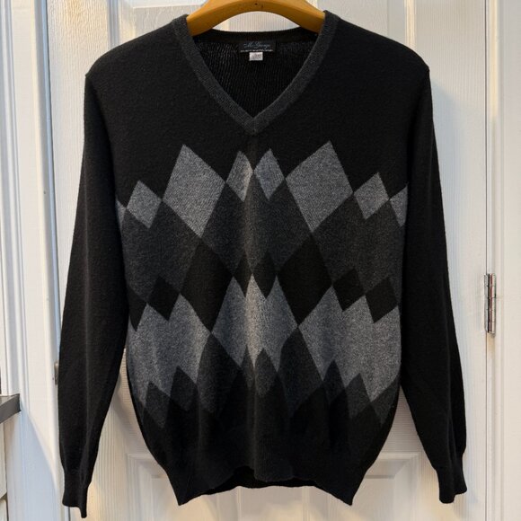 Vintage McGeorge Scottish Cashmere Sweater Black Gray Argyle V-Neck Size Large - Picture 1 of 6